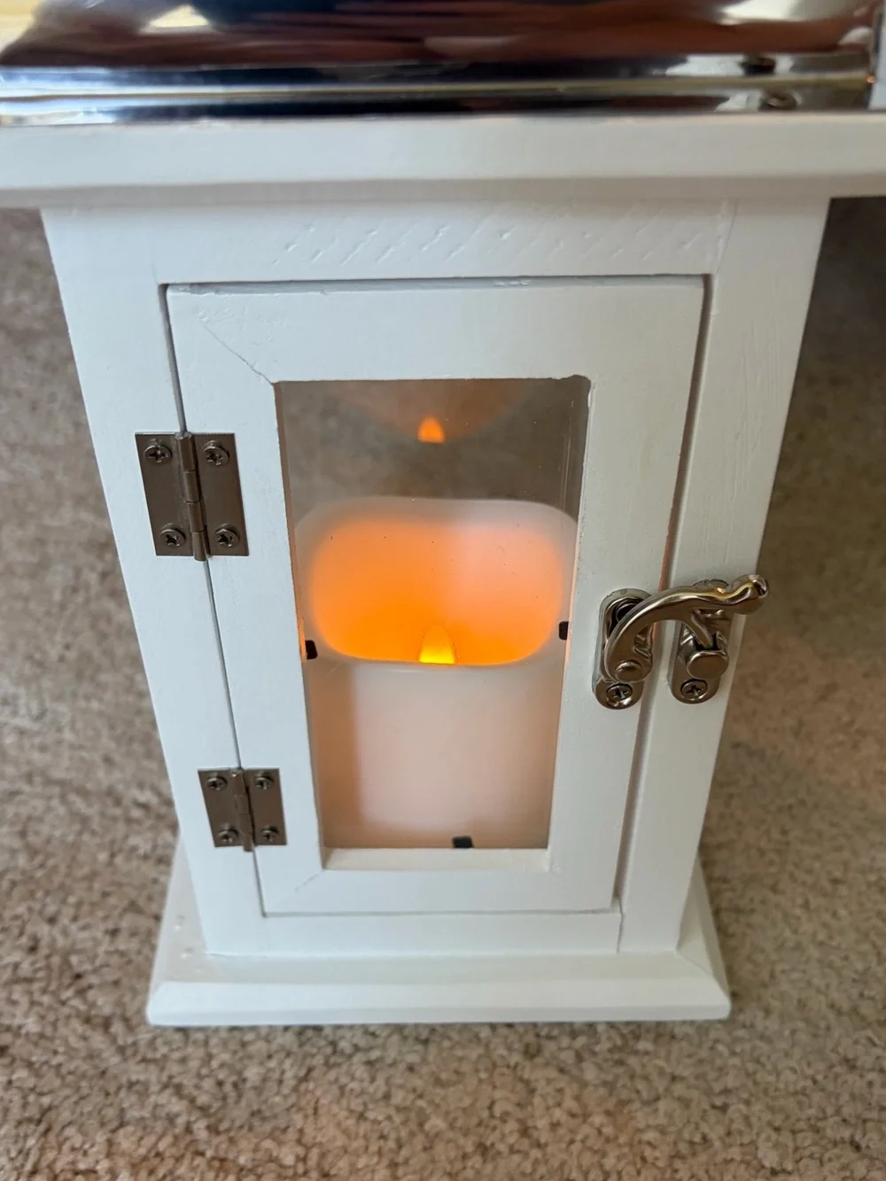 White Wood & Silver Metal Lantern with Flickering Candle